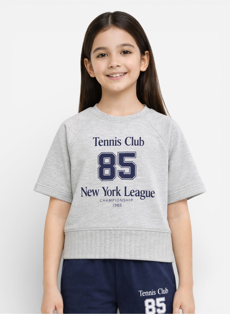 victor and jane Girls 2 Pc Set Tennis Club Print T-Shirt & Pants Set – Grey & Navy - Image 2